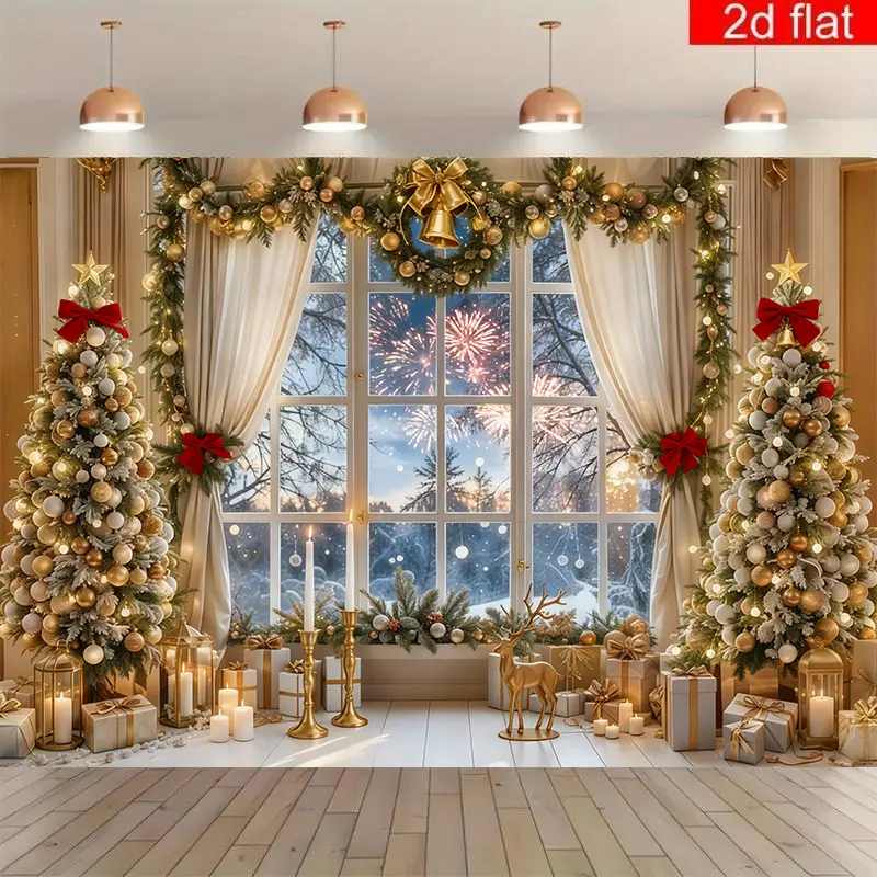 Outdoor Christmas Polyester Backdrop - 2D Flat-Printed Lightweight Banner with Glittering Golden Trees, Vintage Sleigh, Snowy Wonderland for Holiday Party Decoration