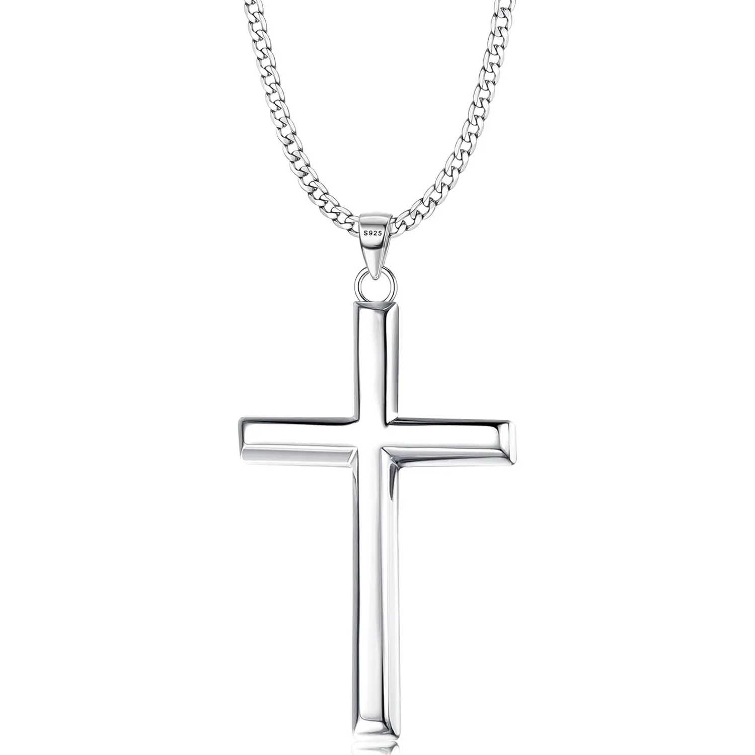 MILACOLATO Solid 925 Sterling Silver Cross Necklace for Men Women, 2mm Diamond-Cut Sterling Silver Chain with Cross Pendant Beveled Edge for Men, Silver Crucifix Cross Necklace Jewelry 16-24 Inches (Cuban Chain/Figaro Chain/Wheat Chain/Rolo Chain), Cross
