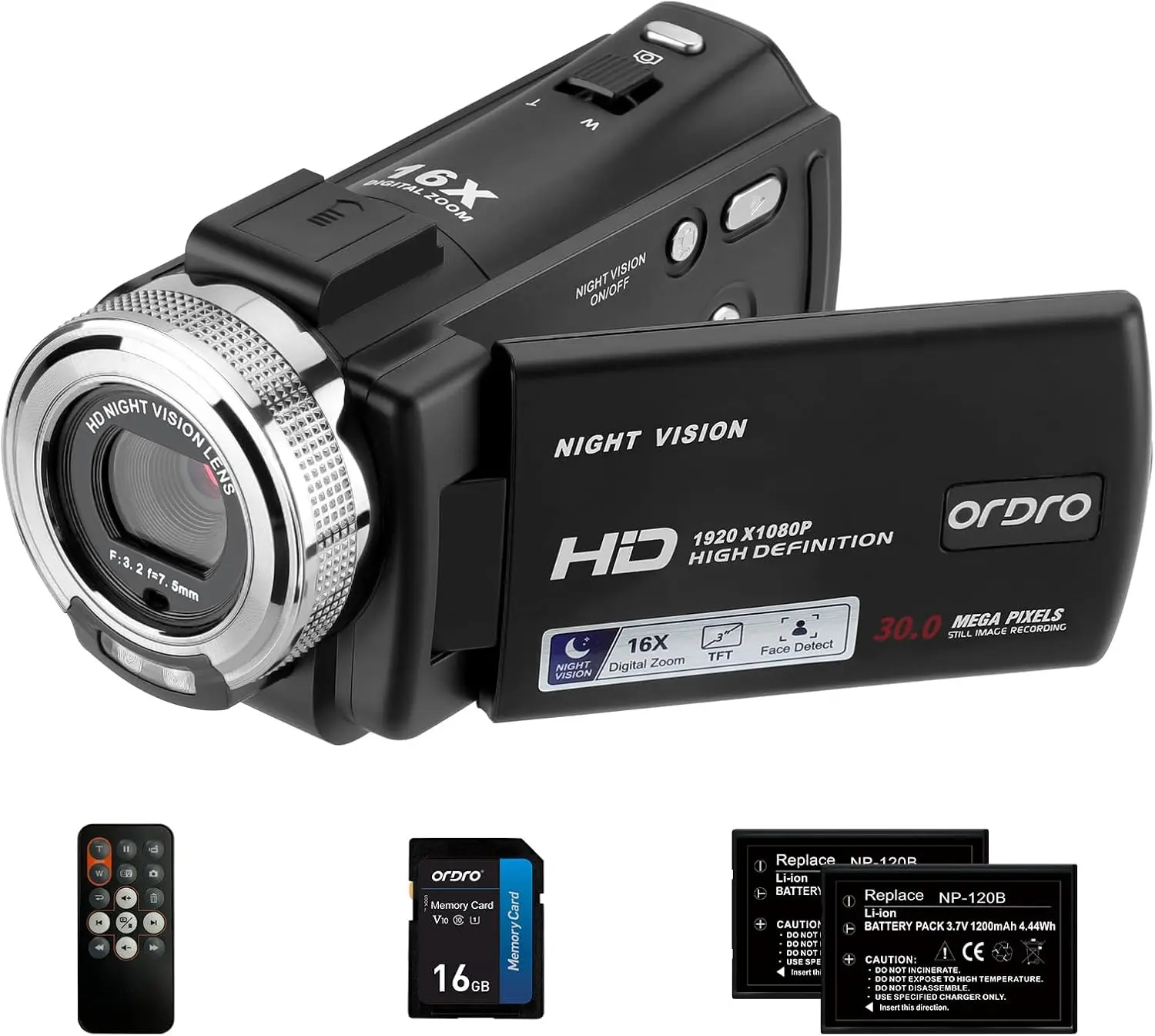 ORDRO Camcorders HDV-V12 HD 1080P Video Camera Recorder Infrared Night Vision Camera Camcorders with 16G Memory Card and 2 Batteries Vintage Portable