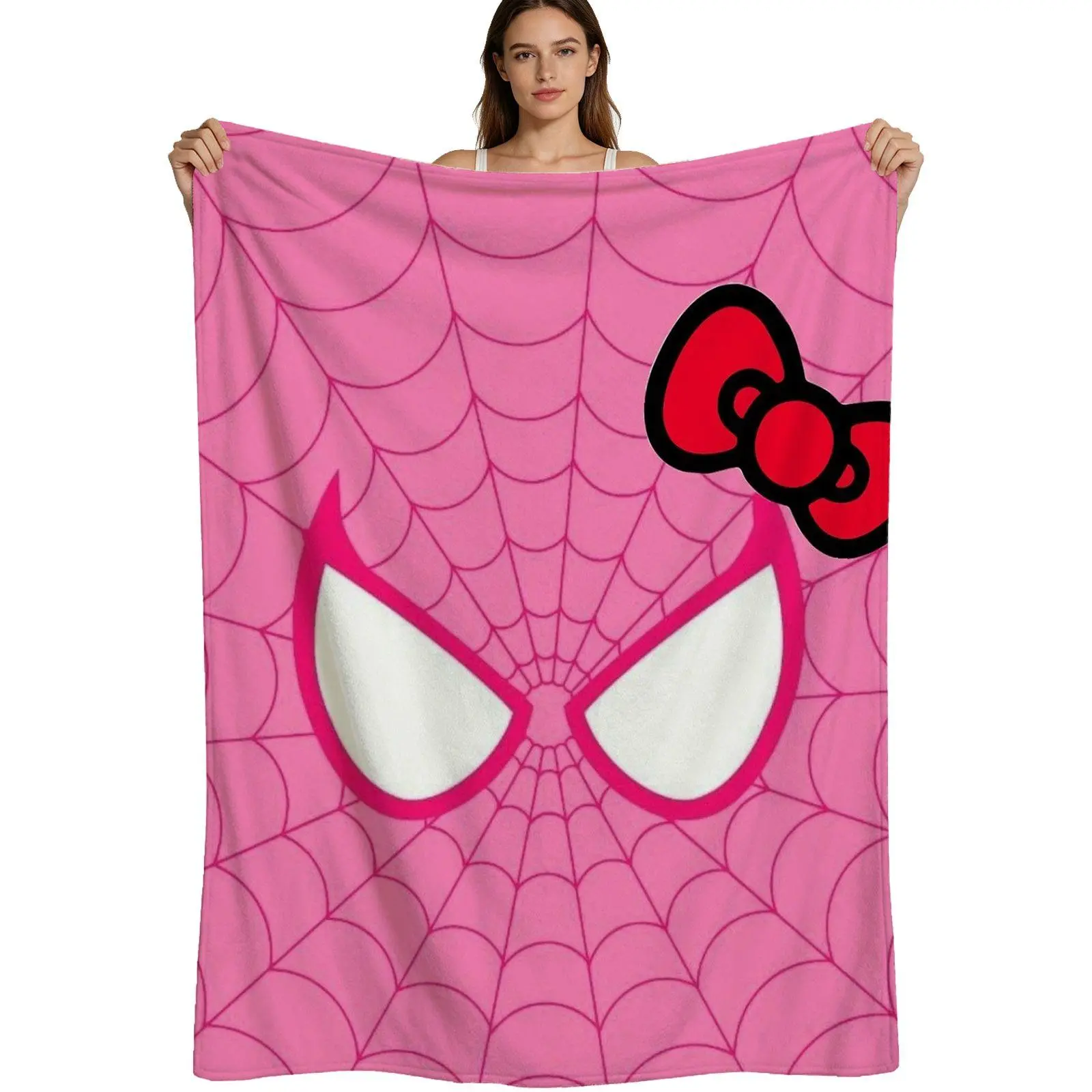 Cute Aesthetic, Warm Flannel Blanket, Pink Spider Web With Hello Kitty Bow Design, Soft Plush Fabric, For Girls Bedroom Decor, 4 Sizes Available Single Pack