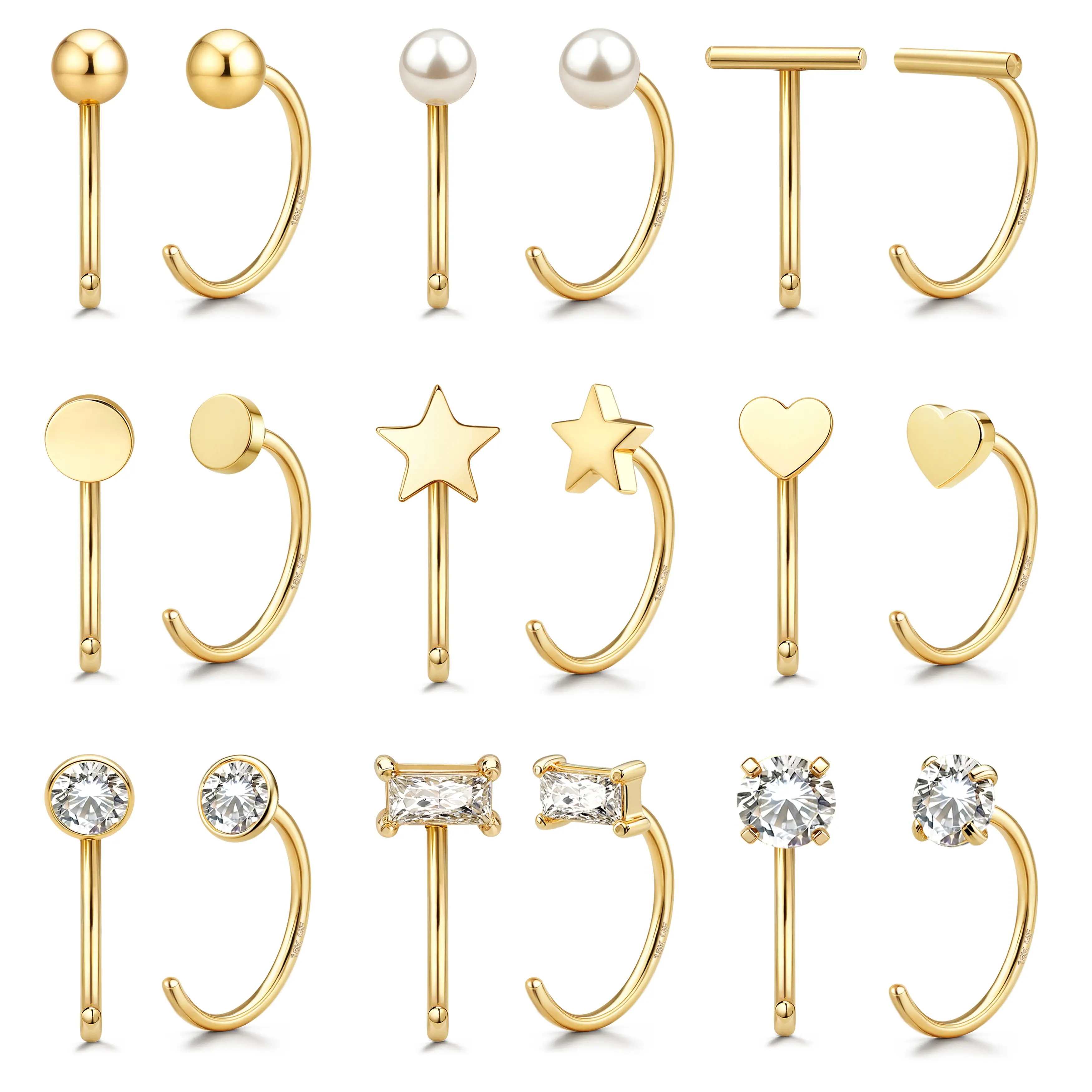 GEMQUEEN Women's 9-Pair Hypoallergenic 316L Stainless Steel Gold-Plated Earrings Set, Including Huggie Half-Hoops, Cartilage Helix Open-Hugging Styles with 5A CZ, Pearl, Heart, Star, Bar, Dot, Ball Accents