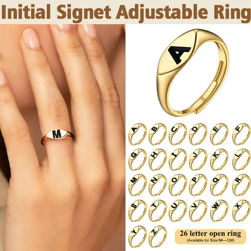 FindChic 26-Letter Initial Signet Adjustable Ring, Golden Open Finger Jewelry with Adjustable Sizes for Couples, Wedding Finger Jewelry for Men and Women