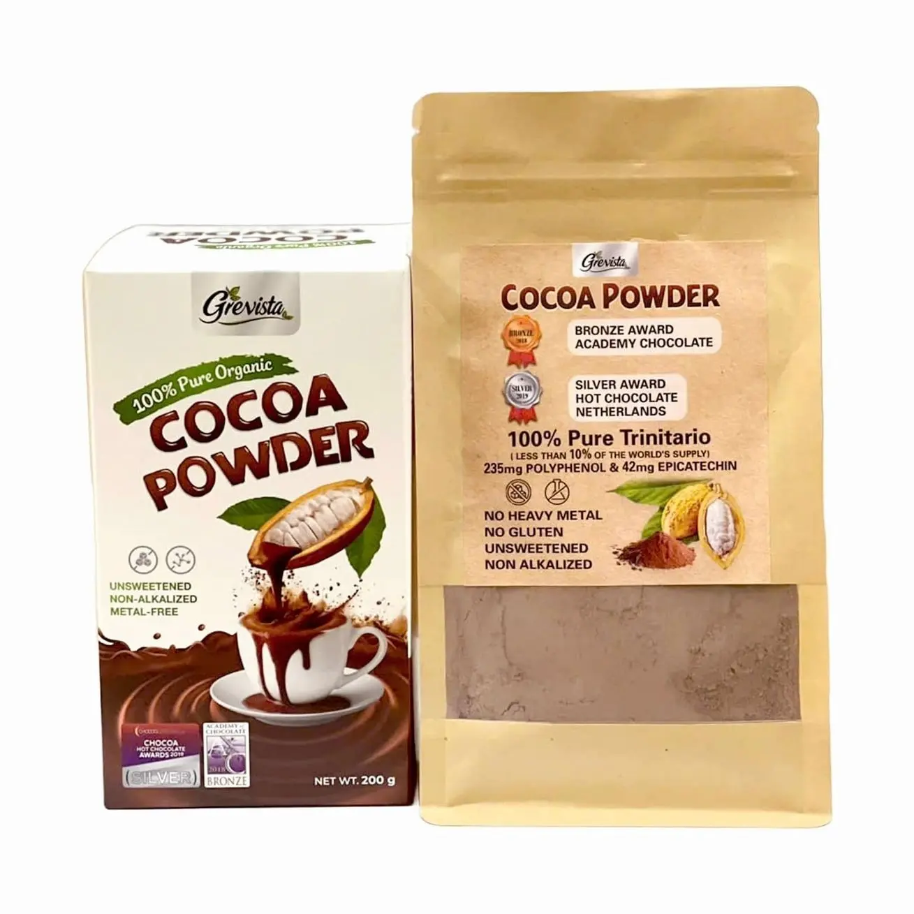 Grevista 100% Pure Cocoa Powder – Unmistakably Premium Quality | Bronze & Silver Medal-Winning | High flavanol | Organic, Unsweetened, Non Alkalized, No Heavy Metal, cacao powder for coffee