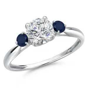 Gem Stone King 10K White Gold Lab Grown Diamond and Blue Sapphire 3-Stone Ring For Women | 1.04 Cttw | Round 6MM | Gemstone April Birthstone
