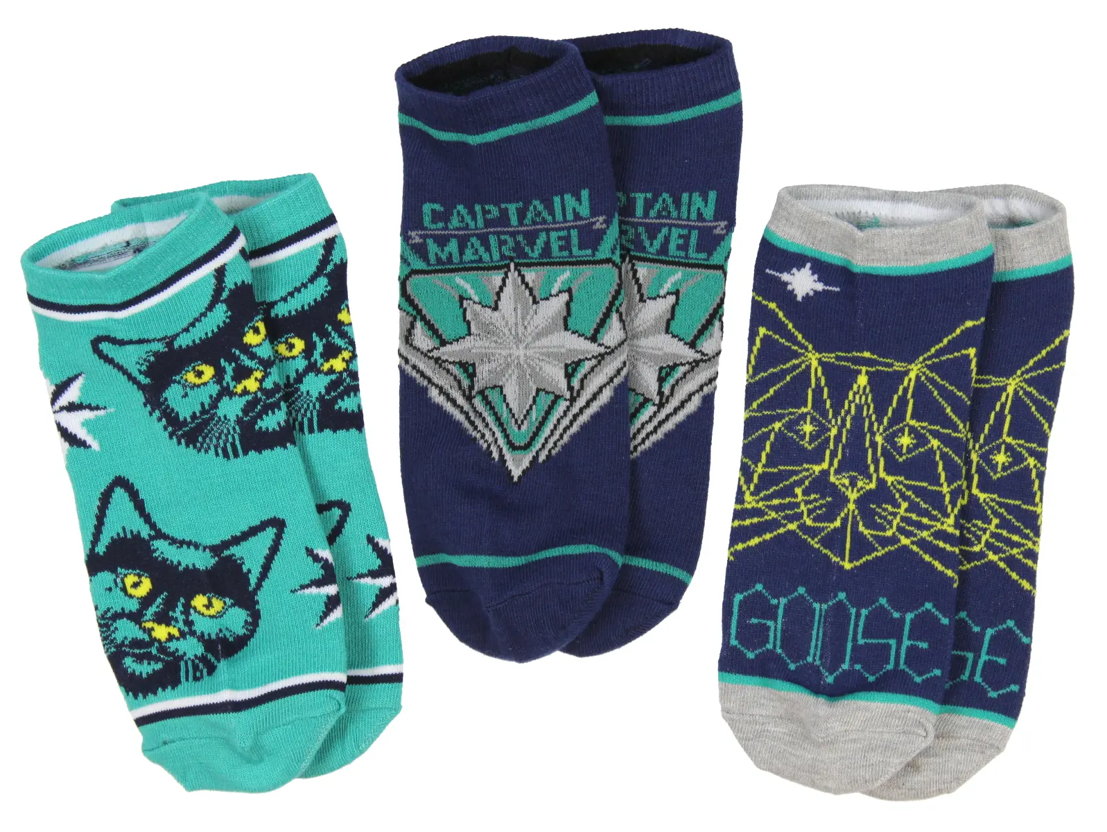 Captain Marvel Adult Goose The Cat Kree Colors 3 Pack Mix and Match No Show Ankle Socks
