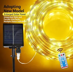 IP68 Solar Rope String Lights Outdoor with Remote, 10M 300LED Warm White Fairy Lights, 3-Wire Flat Cable, Timer Function, Solar-Powered Decorative Lights for Garden Patio Porch Pool