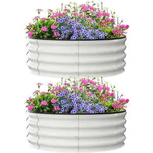 Garvee Round Galvanized Raised Bed, 2 pieces, 60 x 60 x 30 cm, galvanized, raised bed for gardening work, round metal planter box for planting plants, vegetables, and flowers (white)