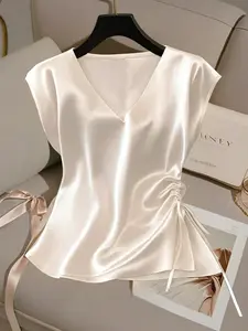 Women's Plain Satin V-Neck Ruched Summer Elegance Top Blouse Shirts, Side Drawstring Adjustable Design, Fitted Spring & Summer New Arrival