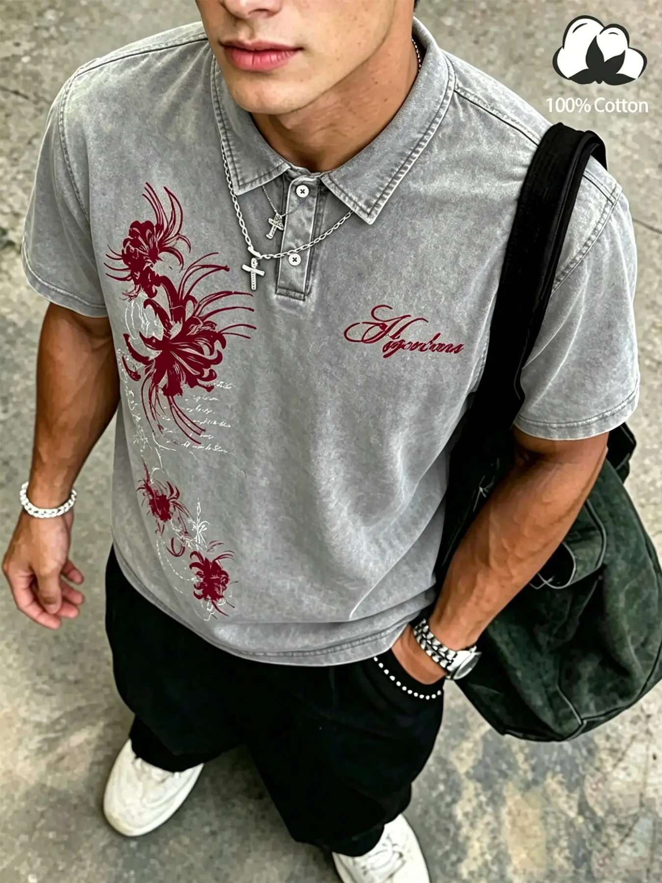 Unisex Dark Gothic Vintage Casual 100% Cotton Washed Floral Spider Lily Print Oversized Polo Shirt, Y2K American Retro Top, High Street Style