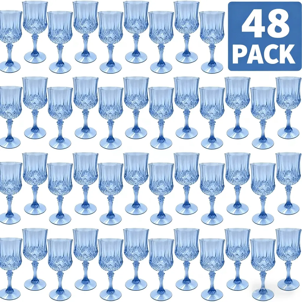 48 Pack Blue Plastic Party Cups Set-7oz Champagne Flutes Wine Glasses, Vintage Stemware for Wedding, Birthday Party Pack, Table Decor, Camping Drinkware, Bulk Reusable Cups for Bridal Shower, Christmas, Christmas,Halloween Gift