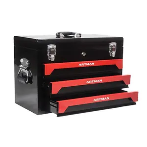 20" Heavy Duty Steel Tool Box - 3 Drawers, Metal Latch Closure with Lock, Built-in Side Handles, Portable Black & Red Lockable Tool Storage Box