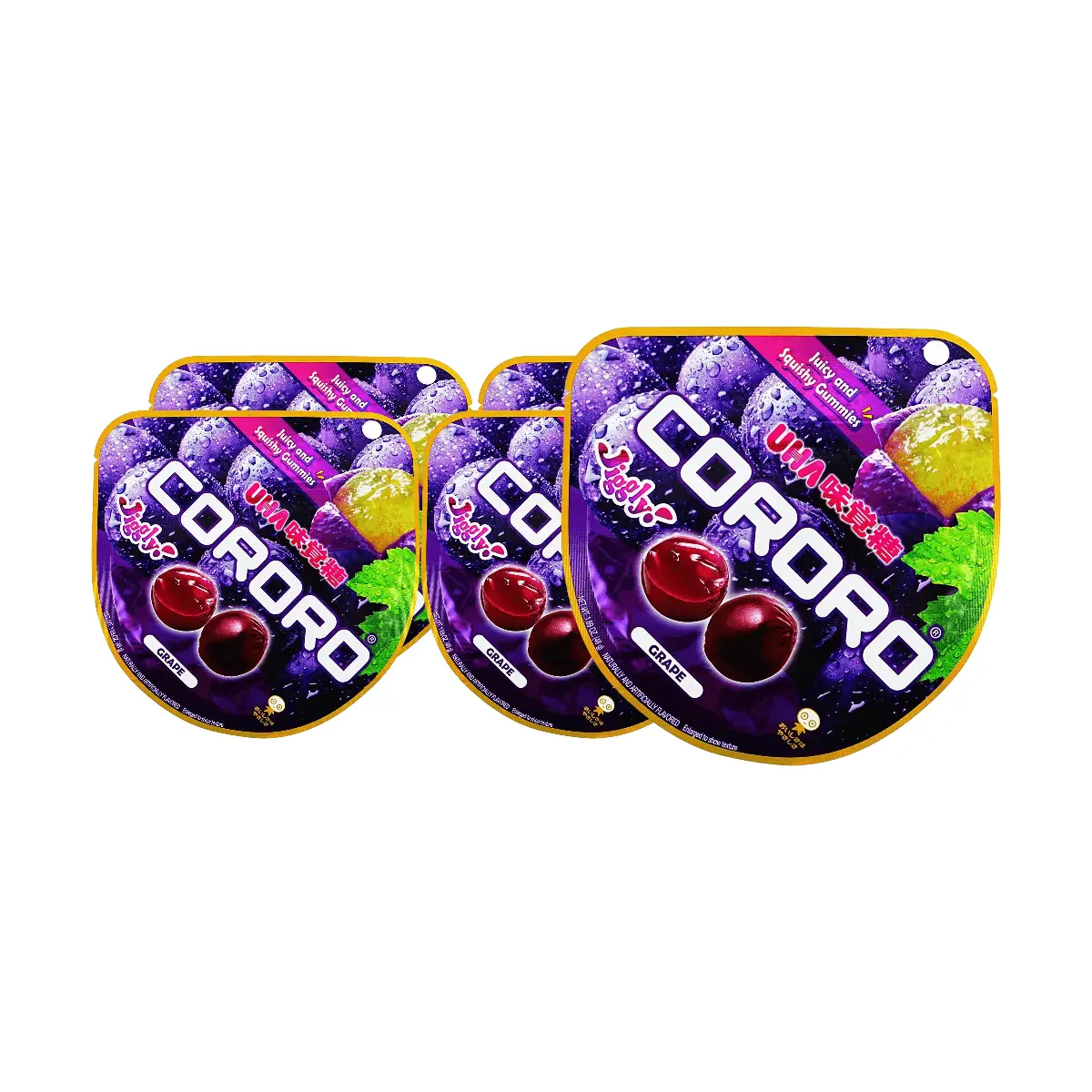 5 Pack UHA CORORO Japanese Grape Gummy Candy Fruit Juice 1.69 oz Each - Juicy Burst, Kyoho Grape