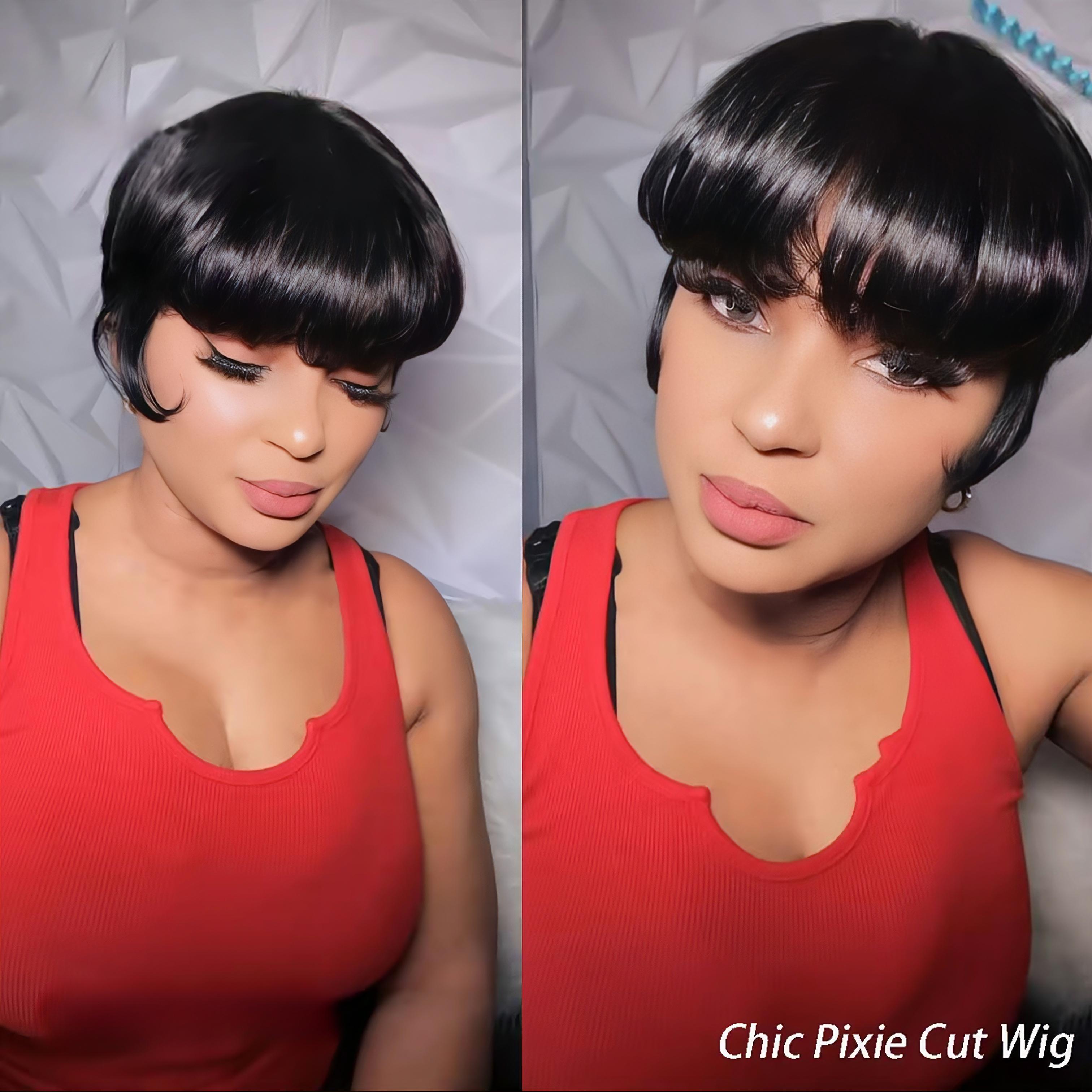 OPQHAIR Natural Black  Straight Hair Women' Glueless Short Pixie Wig Human Hair Bob with Bangs Suitable for Summer, Music Festivals, Parties
