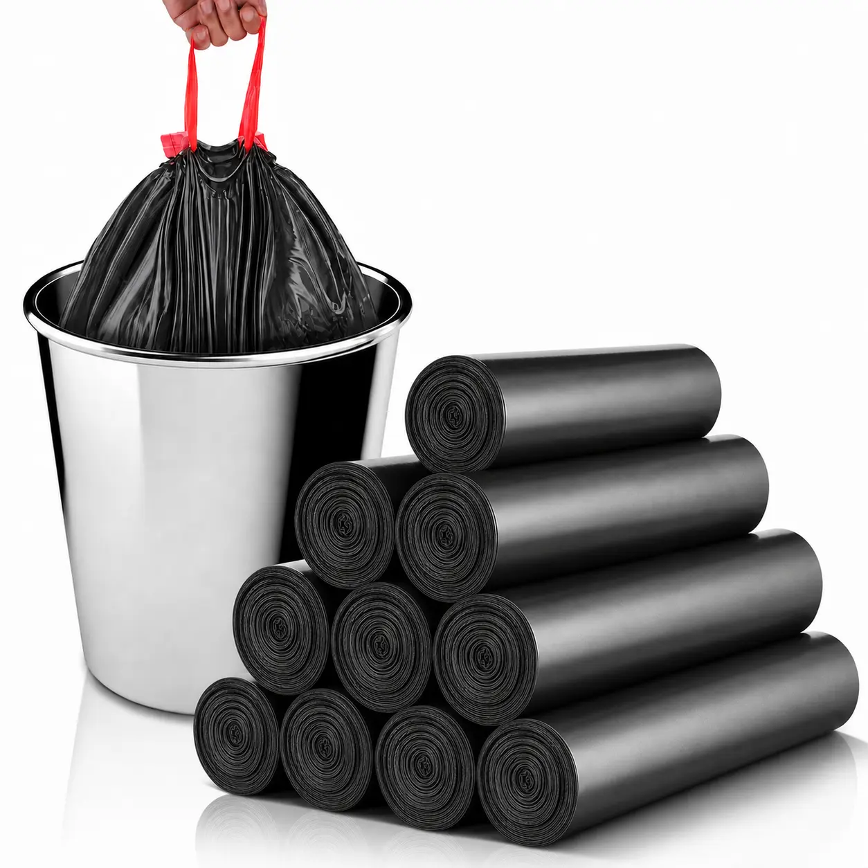 Black Drawstring Trash Bags – Kitchen Garbage Bags (10 Rolls, 150 Count) – Recyclable, Unscented Plastic Bin Liners – Durable, Thick, High-Capacity – Suitable for Office and Bathroom Use (Magesh)