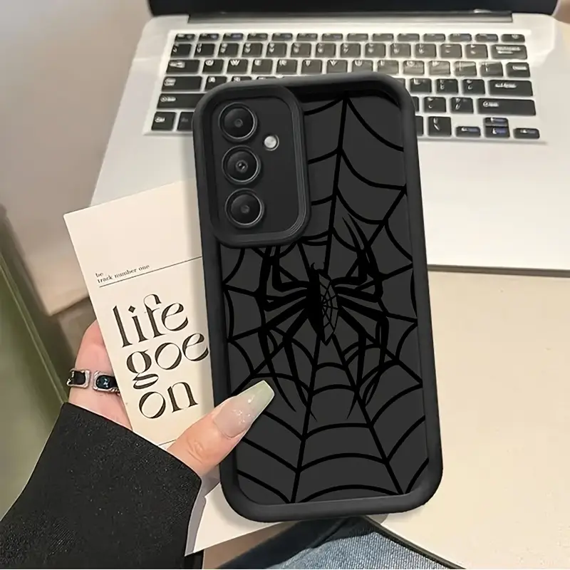 Black Spider Pattern Design iPhone Case Compatible with Samsung Galaxy S26 S24 Plus S25 S23 S22 S21 Ultra FE S24+ Note20 A54 A53 A52 A36 A35 A34 A33 A17 A16 A15 A14 A13 2D Printing Soft TPU Cover with Raised Edges