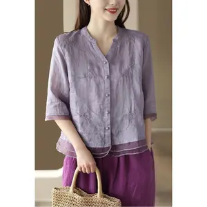 Vintage Art Embroidered Cardigan Shirt Women's Work Outerwear Organza Patchwork Design Casual Fashion Top Bohemian Floral Embroidery Elegant Festival Top Botanical