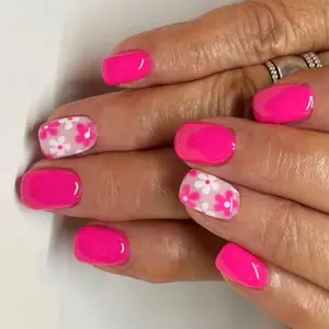 24 Pieces Glossy Press-On Nails, Short Square, Flower Design, False Nails