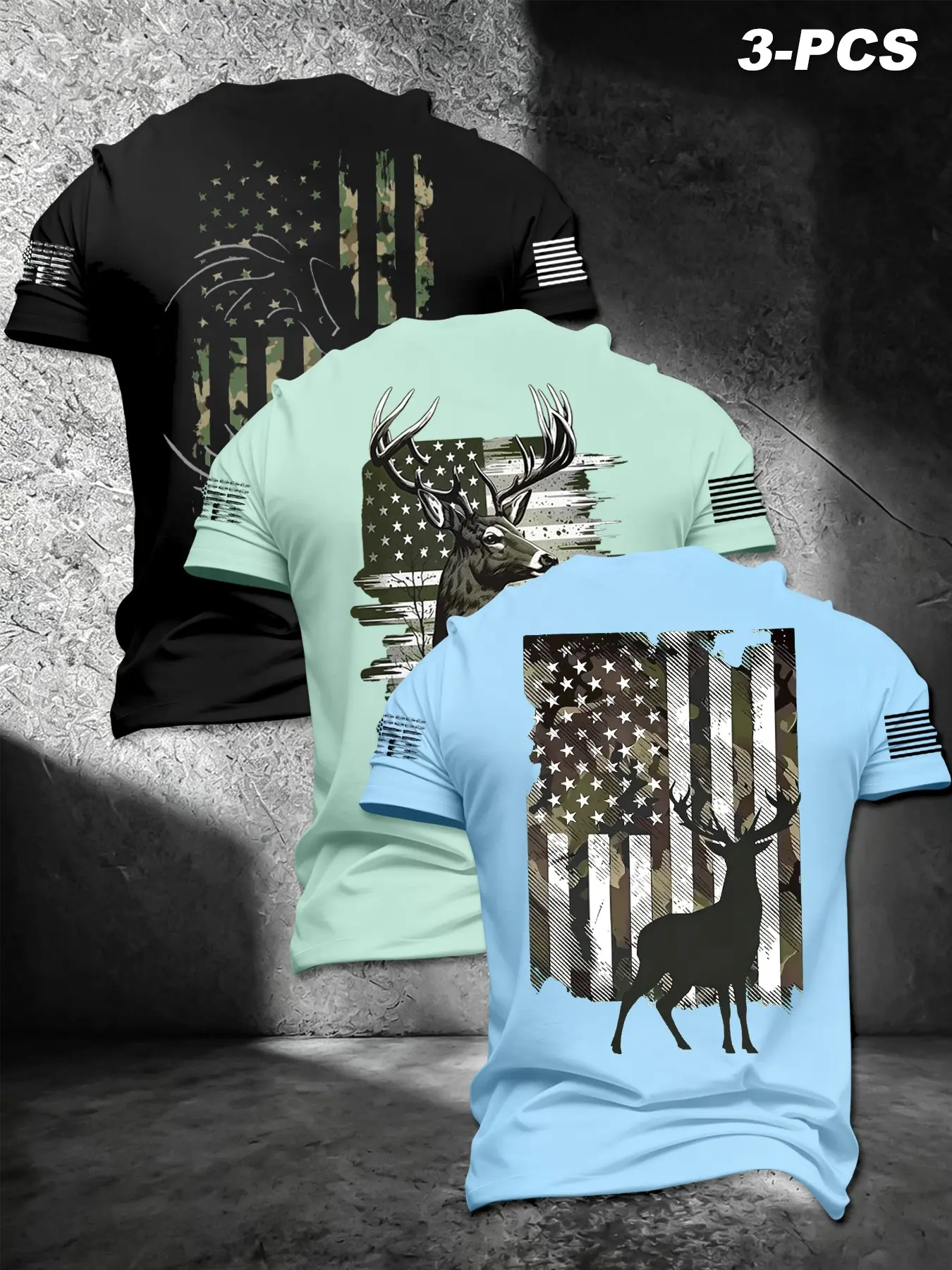 Vintage American Outdoor Wear, Camouflage Style, Camo Star Flag Deer Print Breathable Fabric Fitted Round Neck Short Sleeve Top 3-Piece Set, Men's Daily Commute, Fishing, Hunting
