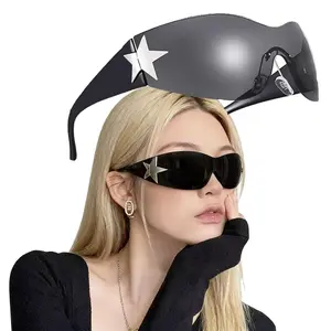 Y2K Sunglasses for Women Men Trendy Shield Wrap Around Oversized Fashion Frameless Sun Glasses with Star Detail