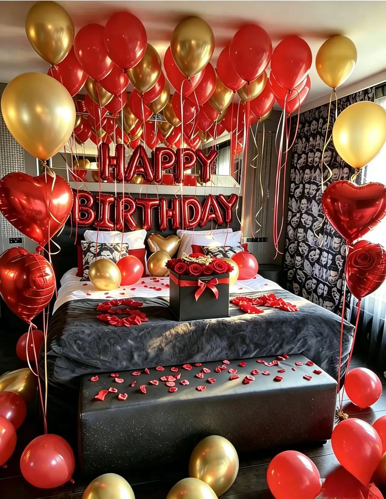 593pcs Happy Birthday Decorations Kit - Red and Gold Birthday Party Decorations, 500 pieces of artificial rose petals, suitable for female birthday parties, bridal parties, and Valentine's Day parties. Balloons