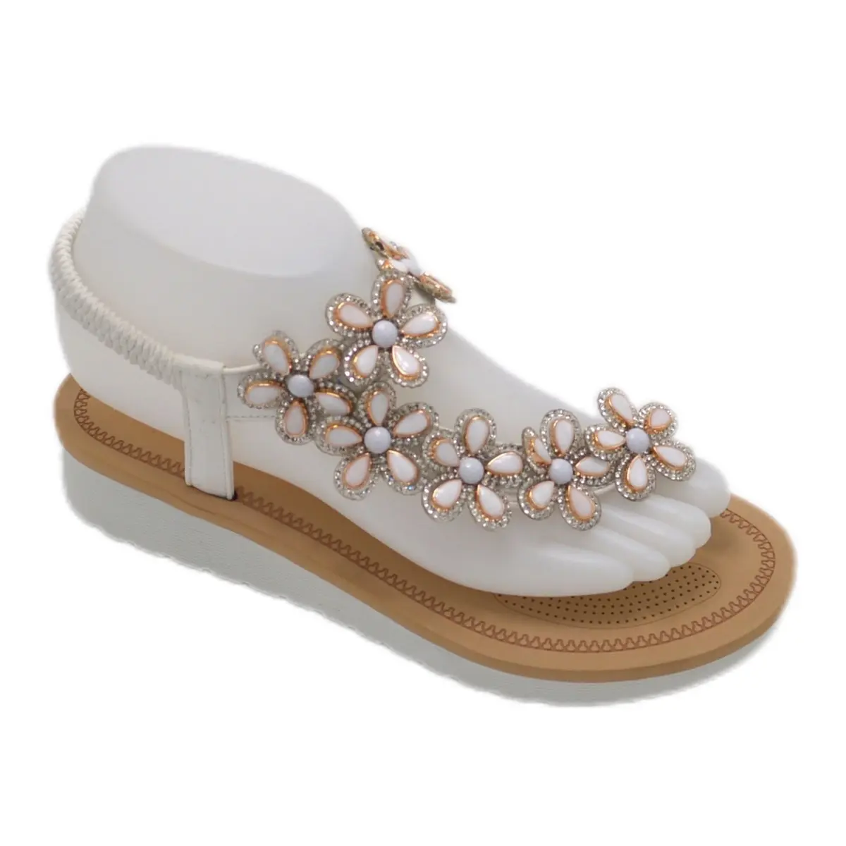 Women's Stylish Flower Print Beaded Open Toe Flat Comfortable Heels Sandals - PU Leather & Fabric Upper, Slip-On Pedal Design, Casual Outdoor Sandals for Outdoor Wear, Shoe, Open Toe Sandals
