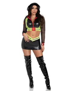 Sexy Firefighter 2-Piece Set Costume - Sultry Mesh Top & High-Waist Thong Bottoms with Adjustable Suspenders for Halloween & Costume Parties