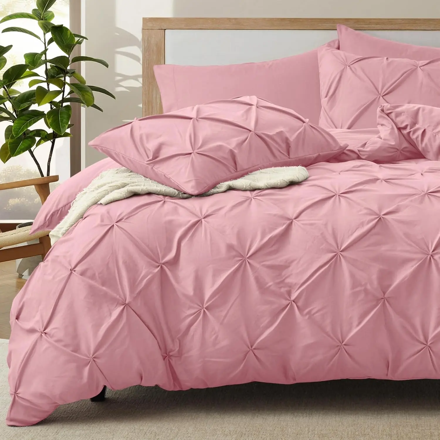 5 count Pinch Pleated Duvet Cover Full/ Size Set, Pink Pintuck Duvet Cover with Zipper & 8 Ties, Shabby Chic Microfiber Duvet Cover + 2 Pillow Shams + 2 Pillowcases, No Comforter