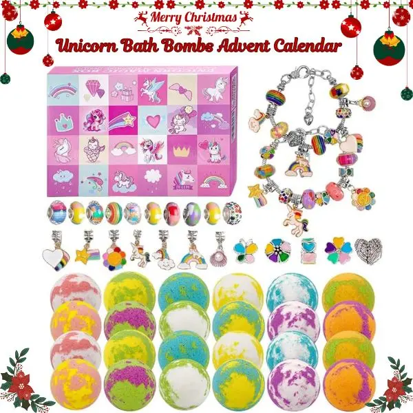 Unicorn Bath Bombs Advent Calendar 2025 – 24 Bath Bombs for Kids, Christmas Bath Gifts for Girls, Fun Holiday Countdown Gift perfect for valentines day gift