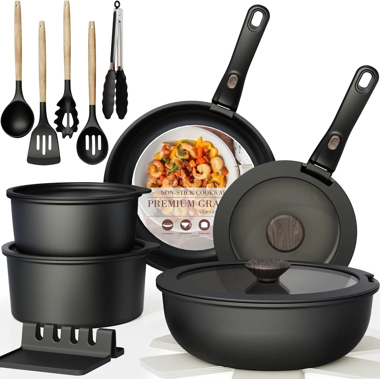 Non Stick RV Pots and Pans Ceramic Kitchen Cookware Set with Detachable/Removable Handle, Oven Safe, Induction Ready, Stackable, Black, 21 Pcs