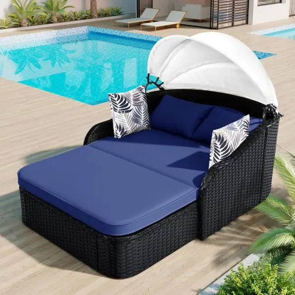 79.9 Inch Outdoor Sunbed with Adjustable Canopy Double Lounger PE Rattan Daybed Black Wicker Patio Furniture with Cushions for Poolside Backyard Garden (Black+Blue)