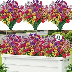 12 pieces of outdoor artificial flowers, plastic flower decorations, UV-resistant artificial shrubbery, indoor artificial plants, outdoor garden, family wedding, farmhouse, Home Decor Accessory (6 colors), Lifelike Artificial Flower