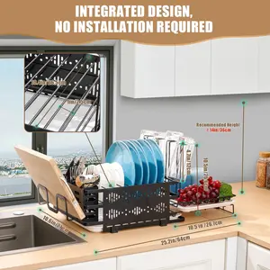 SURUIHK Dish Rack - Foldable Stainless Steel Dish Rack with Integrated Drying System, Adjustable Dimensions, Removable Drain Trays, Non-Slip Rubber Feet, Ideal for Compact Kitchens