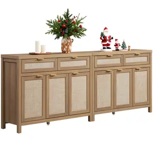 SICOTAS Rattan Sideboard Buffet Cabinet - Boho Farmhouse Credenza with 3 Doors and 2 Drawers, Storage Console Cabinet for Kitchen, Living Room, Entryway, Coffee Bar and Home Decor