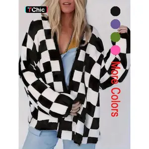 Women’s checkered print cardigan, spring and autumn casual off-shoulder long-sleeve cardigan, fashionable women’s knitwear in Japanese style GARMENTARY