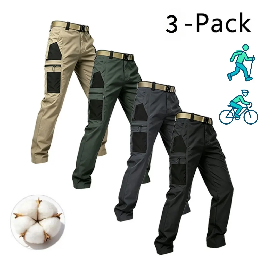 3-pack men’s cotton quick-dry cargo pants for spring/autumn, featuring an elastic waistband, zipper closure, multiple pockets, and a patchwork design; breathable and wear-resistant, suitable for outdoor hiking, construction sites, commuting, and fitness.