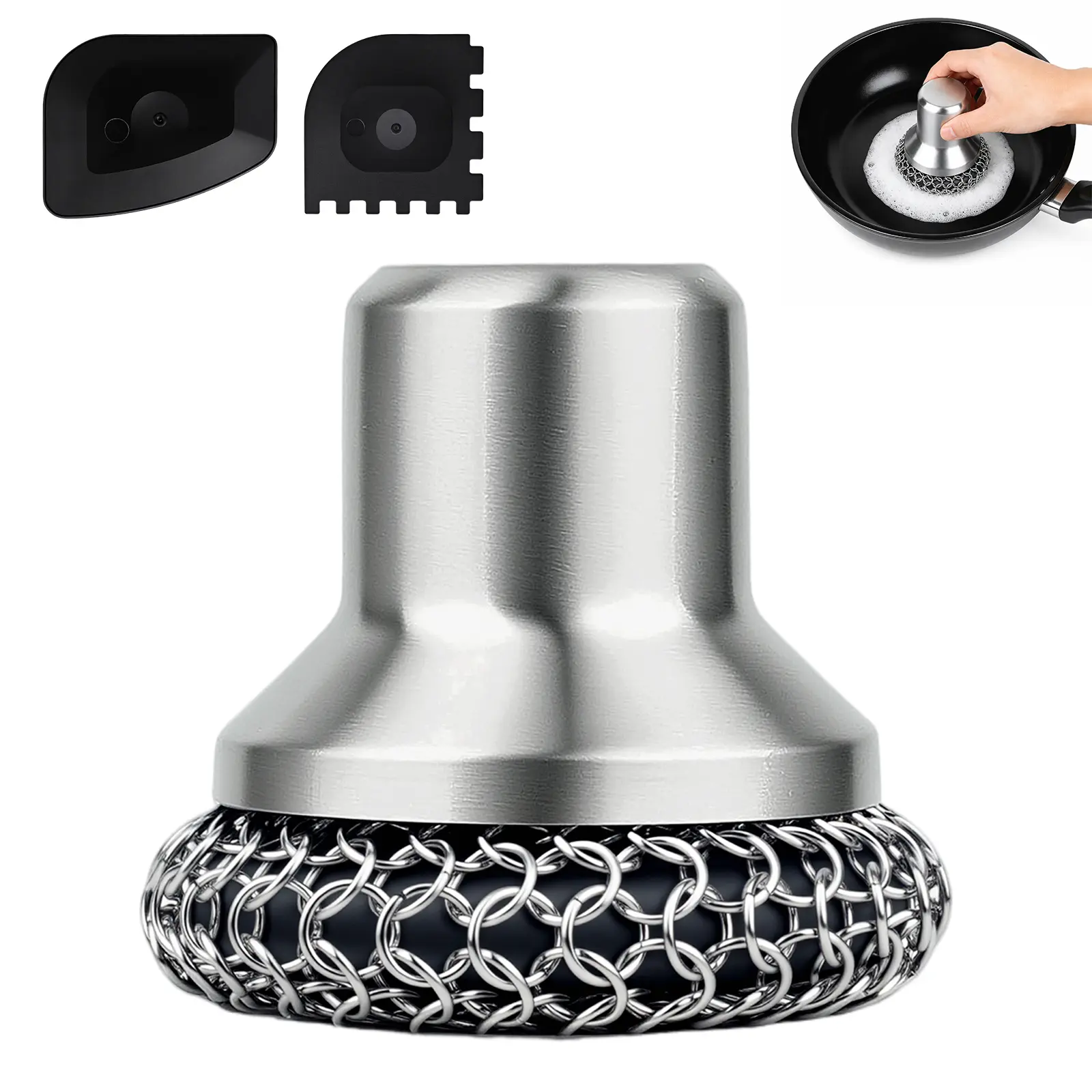 Cast Iron Cleaner Scrubber with Stainless Steel Handle and 2 Pan Scrapers,316 Chainmail Scrubber, Upgraded Chain Mail Scrubber Sponge, Cast Iron Cleaner for Pan Skillet Wok Carbon Steel, Dutch Oven Metal Brush Cleaning Kit(Large Link Chain Mail)