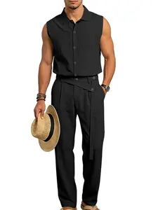 Summer Men's Solid Color Linen Sleeveless Collared Top + Pleated Waist Belted Pants Set, Classic Loose Breathable Vacation Style, Casual for Daily Wear Clothes