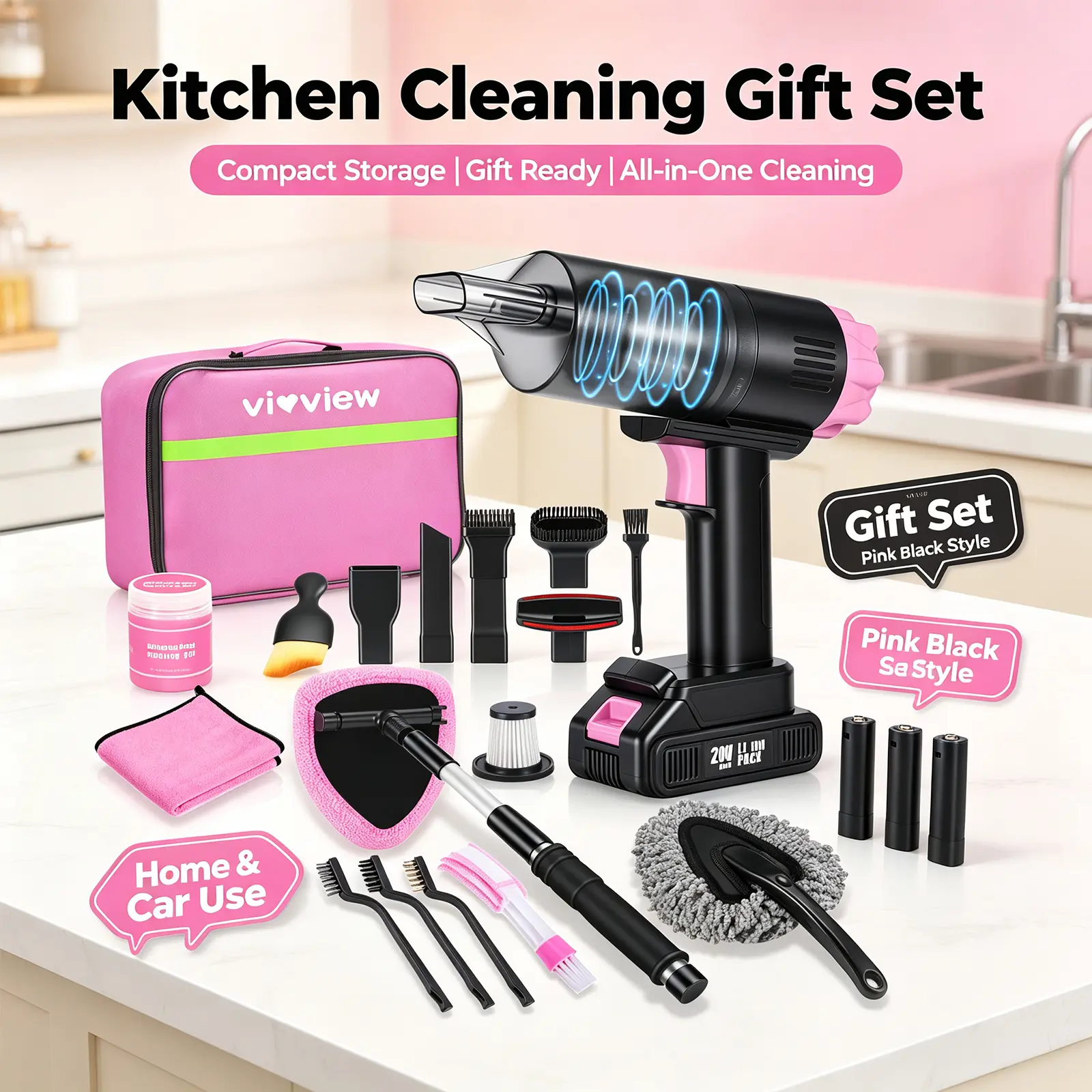 Pink Kitchen All-in-1 Cleaning Gift Set - 20000PA High-Power Cordless Handheld Vacuum, Glass & Counter Care Tools, Cleaning Gel, Multiple Tools - Ideal for Home Use, Adult Gifts