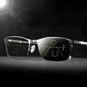 Photochromic Reader Glasses Men's Multifocal Presbyopia Anti-Light Cross Decor Metal Frame Glasses