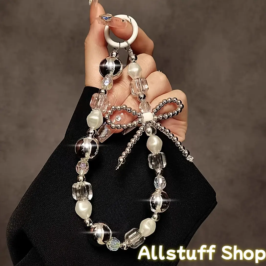Silver Bead Bow Phone Chain, Universal Phone Case for All Models, New Earphone Cover Lanyard, Pendant Wristband, Anti-Drop Lanyard, Suitable for Mother, Family, Friends, And Birthday And Holiday Phone Additions