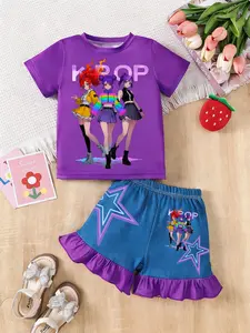 Girls' 2-Piece Anime Idol Print, Short Sleeve T-Shirt & Ruffled Star Shorts, 4-12 Years, Casual Street Style Spring Summer Set
