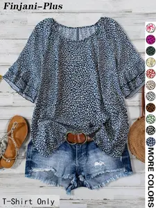 【Plus Size】 All Over Print Ruffle Layered Sleeve Blouse, Casual Short Sleeve Round Neck Top for Daily Wear, Women's Plus Clothing for All Seasons