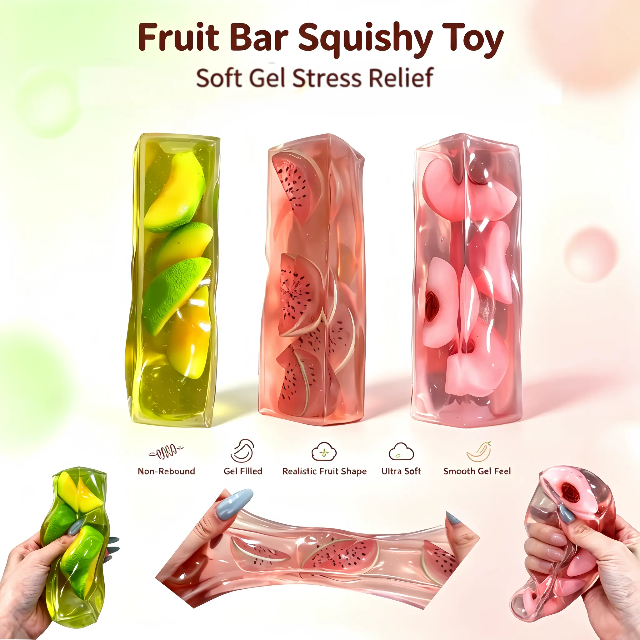 New Fruit-Filled Long Strip ASMR Sensory Stress Ball, Jelly Squishy Squeeze Fidget Toy with Moldable Ultra-Soft Liquid Inner Gel, Petrolatum Silky Smooth Touch, Portable Stress Relief Tool for Teens, Soft Squishy Companion