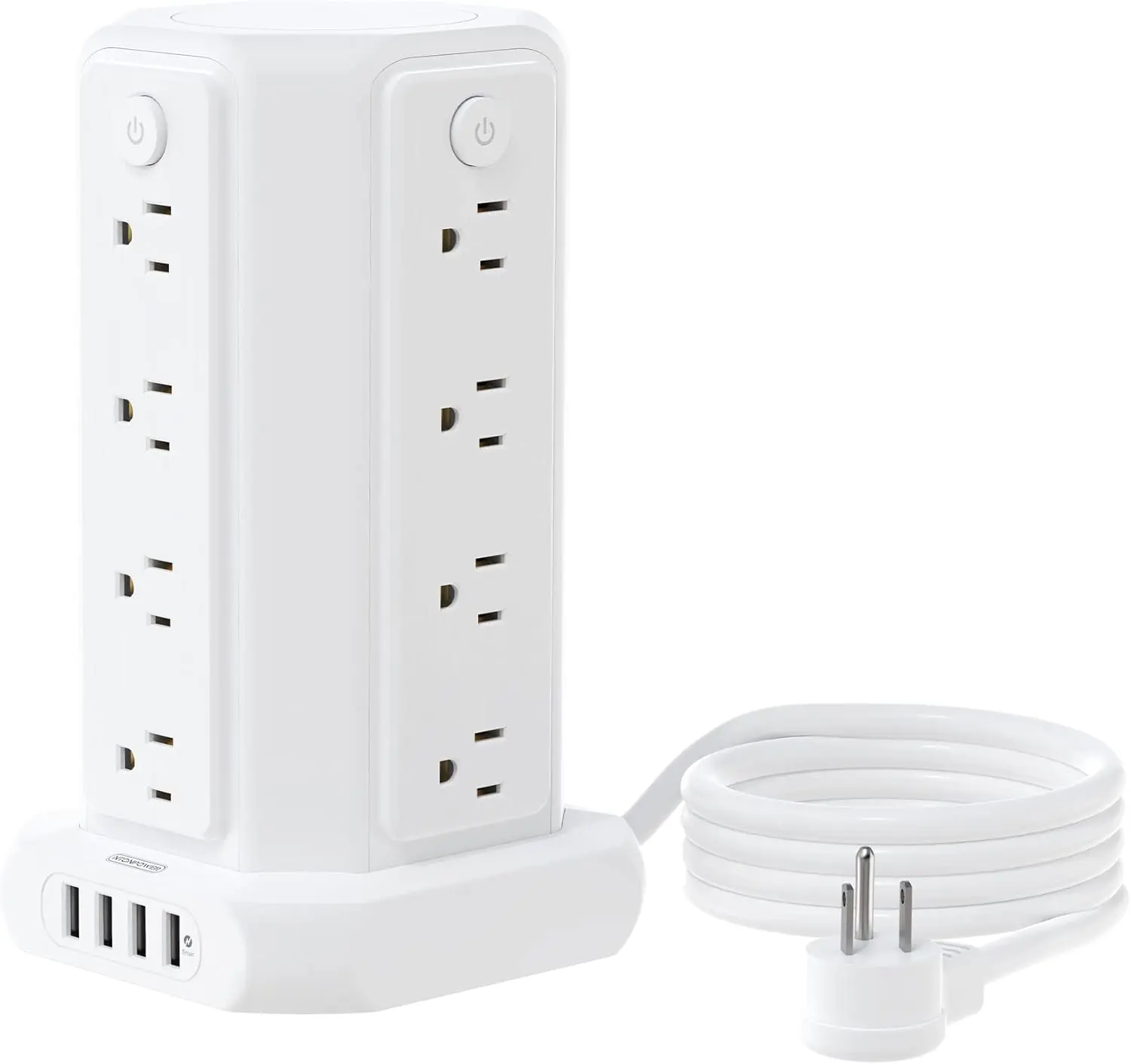 10 FT Extension Cord Power Strip Tower, 16 Widely Outlets 1875W 15A, Flat Plug Surge Protector with 4 USB Ports, Individual Switches, 1080 Joules, Overload Protection for Home Office Desktop, White NTONPOWER