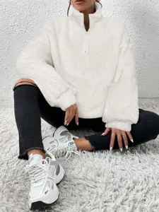 Women Casual Dropped Shoulder Loose Turtleneck Half-Zip Front Teddy Fleece Sweatshirt, Long Sleeve Tops for Autumn Winter