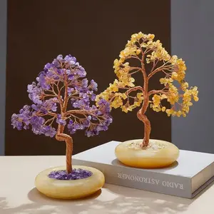 Natural Crystal Amethyst and Citrine Money Tree with Jade Base—a Feng Shui crystal bonsai that attracts wealth and good fortune, perfect as a desk ornament, approximately 9 inches tall