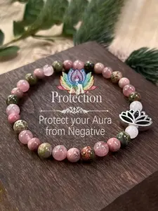 Women's Rhodochrosite & Rose Quartz Bracelet, Bohemian Style Natural Stone Beads, Seven Chakra Lotus Hand Chain, Healing Crystal Protection