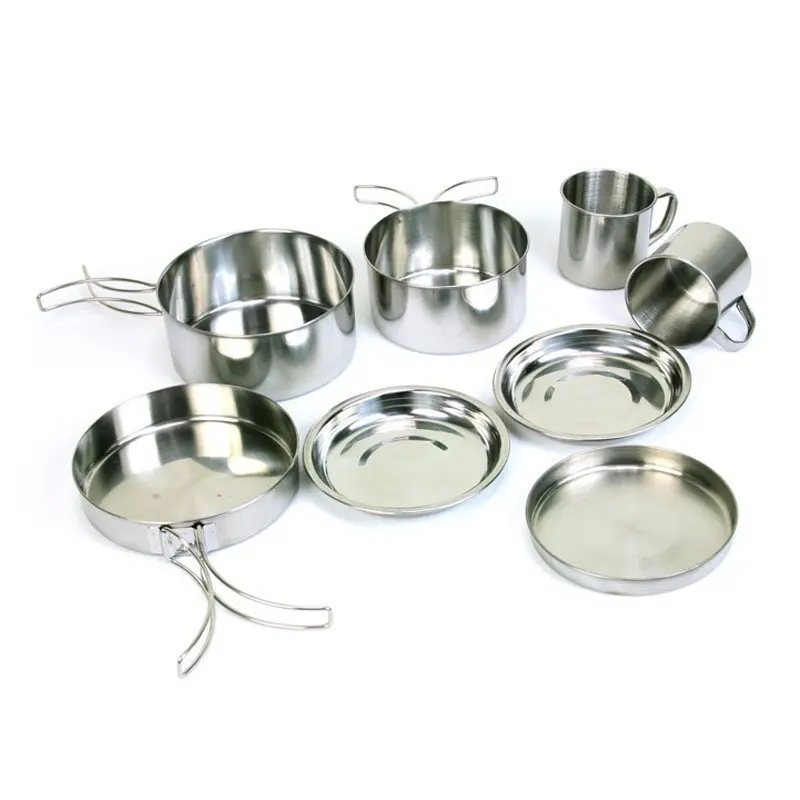 Outdoor Stainless Steel 8-Piece Pot Set, Hiking Camping Portable Bowl Cookware, 5-6 Person Combination Kit, Durable and Lightweight