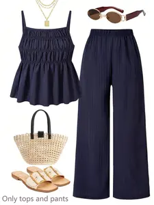 Casual Ribbed Texture Cami Top with Wide Leg Trousers 2 Piece Set, Ideal for Daily Wear, Vacation, Sister Photos, Spring & Summer