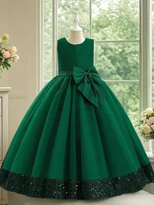 Girl's Big Bow Decor Sleeveless Sequins Party Dress, Elegant Round Neck Fit & Flare Dress for Wedding Party, Dresses for Girls, Kids Clothes for All Seasons, Clothes for Girls, Girl Clothes, Sparkly Dress, Princess Seraphina Dress